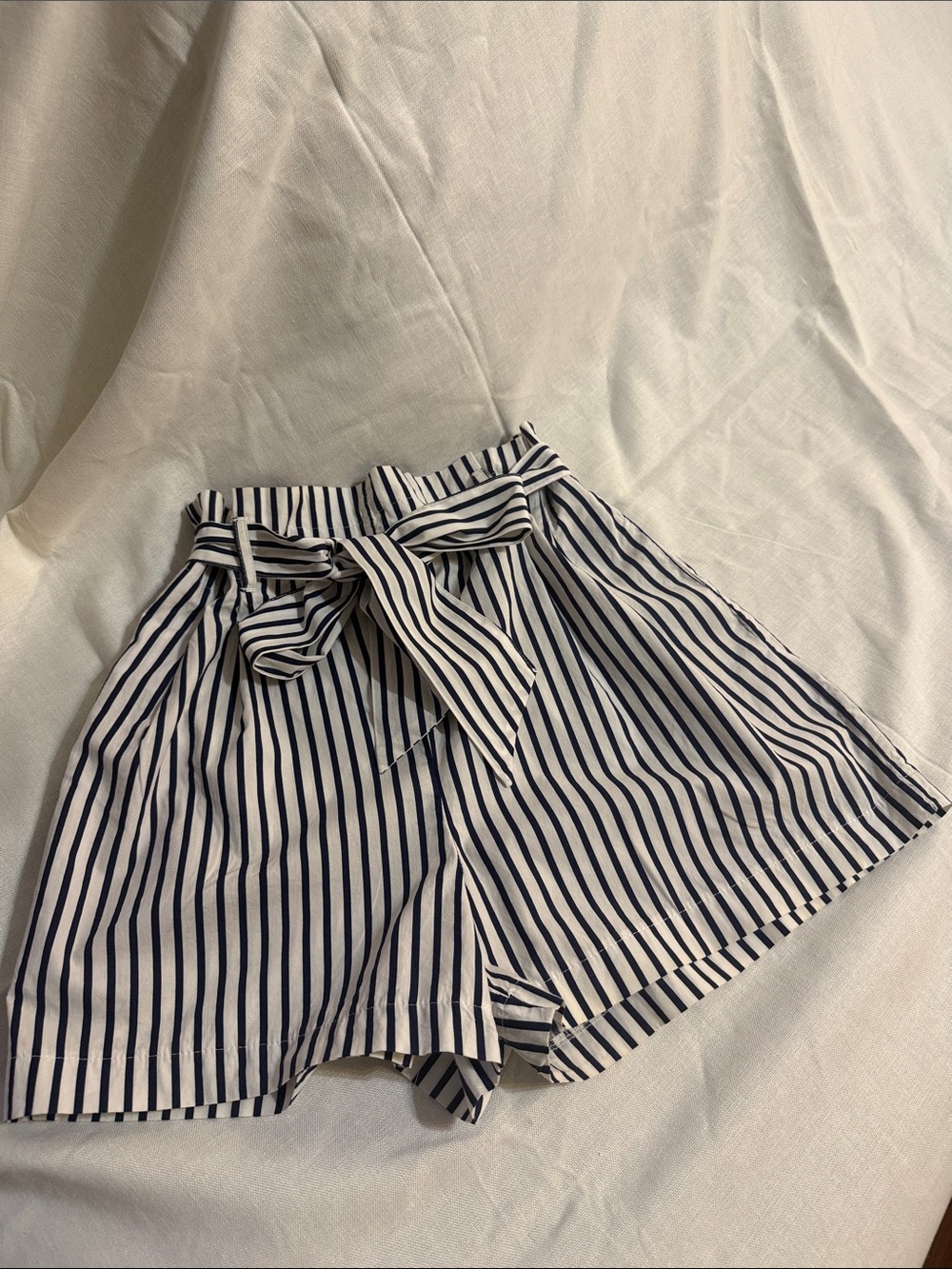 Zara Navy and White Striped Paperbag Waist Shorts with Tie